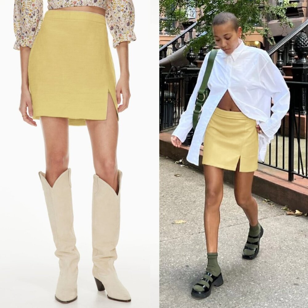 WILFRED Aritzia Patio Linen High-Waisted A-Line Mini Skirt Sz 0 Yellow